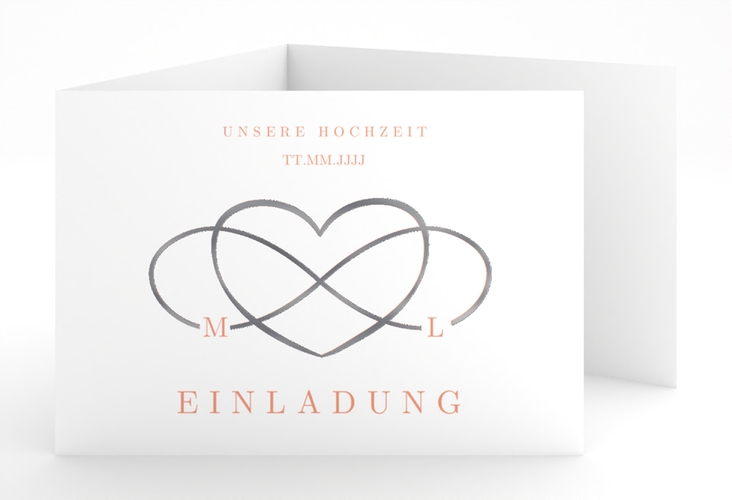 Hochzeitseinladung Infinity A6 Doppel-Klappkarte apricot silber