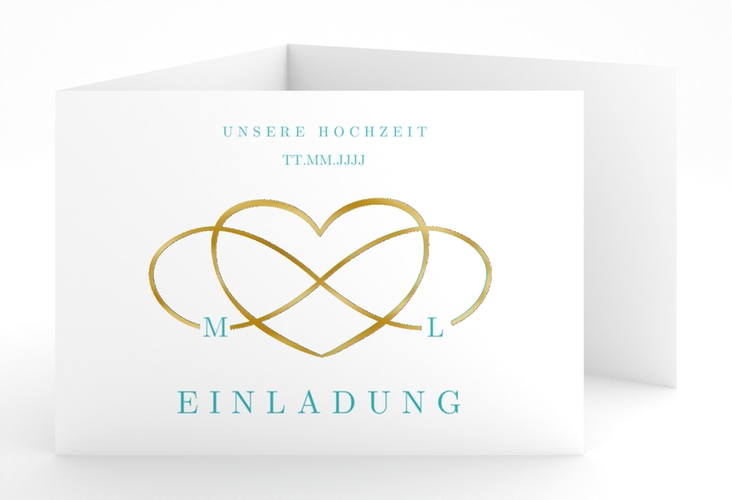 Hochzeitseinladung Infinity A6 Doppel-Klappkarte tuerkis gold