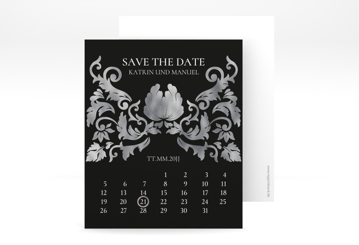 Save the Date-Kalenderblatt Royal Kalenderblatt-Karte schwarz silber mit barockem Blumen-Ornament