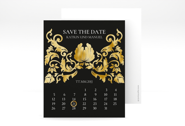 Save the Date-Kalenderblatt Royal Kalenderblatt-Karte schwarz gold mit barockem Blumen-Ornament