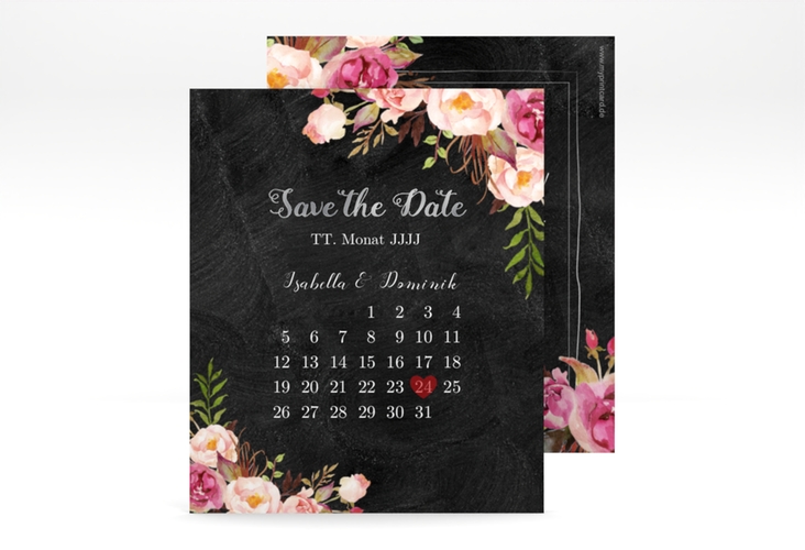 Save the Date-Kalenderblatt Flowers Kalenderblatt-Karte schwarz silber mit bunten Aquarell-Blumen