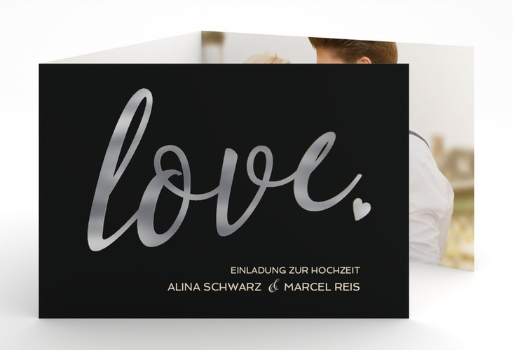 Hochzeitseinladung Glam A6 Doppel-Klappkarte schwarz silber