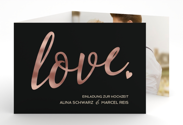 Hochzeitseinladung Glam A6 Doppel-Klappkarte schwarz rosegold