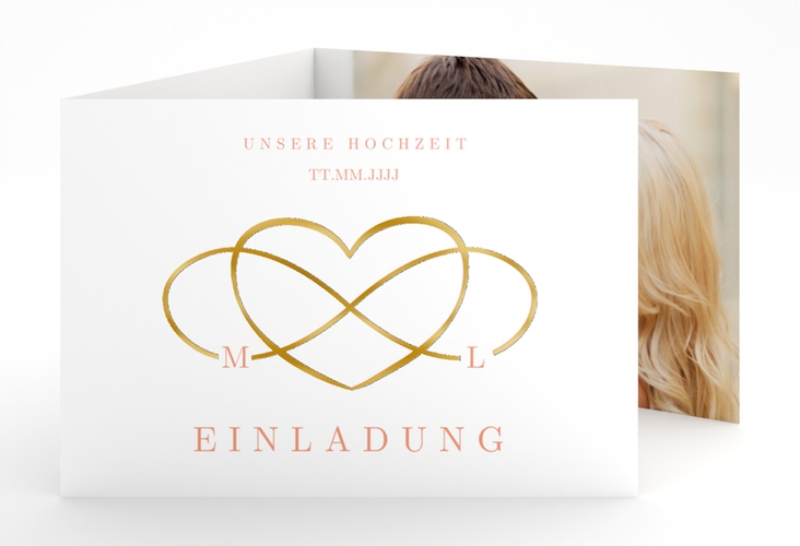 Hochzeitseinladung Infinity A6 Doppel-Klappkarte apricot gold