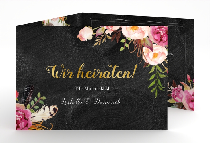 Hochzeitseinladung Flowers A6 Doppel-Klappkarte schwarz gold mit bunten Aquarell-Blumen