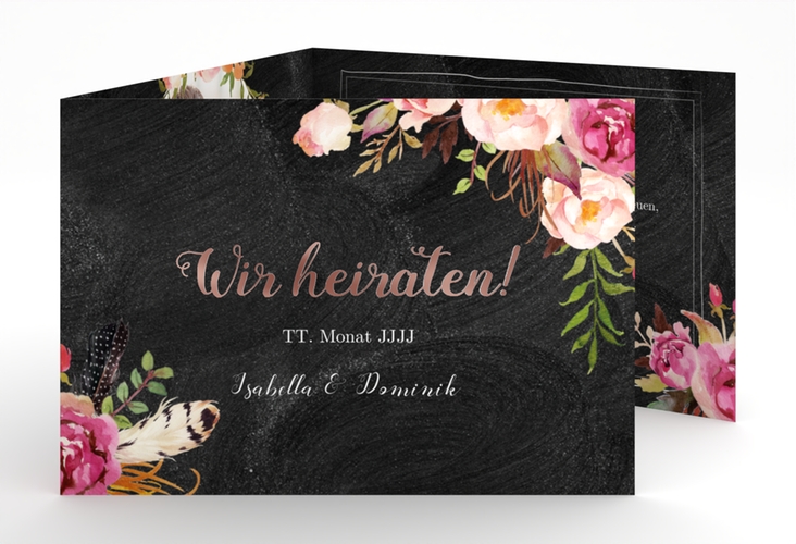 Hochzeitseinladung Flowers A6 Doppel-Klappkarte schwarz rosegold mit bunten Aquarell-Blumen