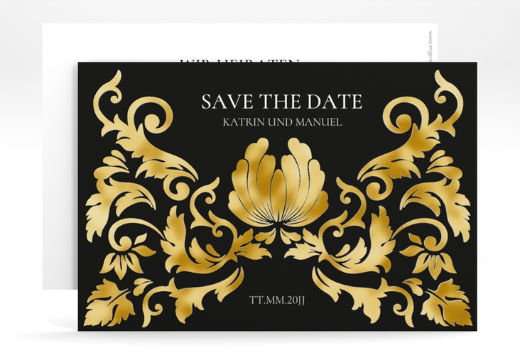 Save the Date-Karte Royal A6 Karte quer schwarz gold mit barockem Blumen-Ornament