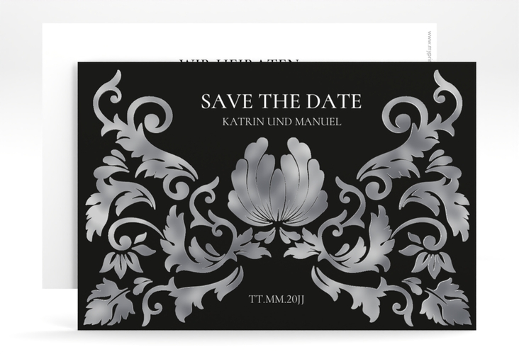 Save the Date-Karte Royal A6 Karte quer schwarz silber mit barockem Blumen-Ornament