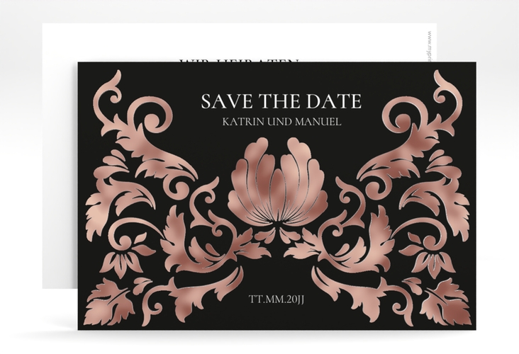 Save the Date-Karte Royal A6 Karte quer schwarz rosegold mit barockem Blumen-Ornament