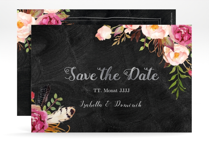 Save the Date-Karte Flowers A6 Karte quer schwarz silber mit bunten Aquarell-Blumen