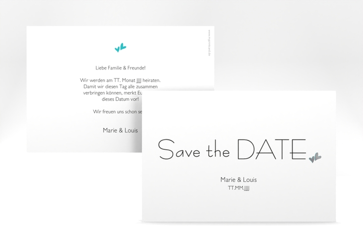 Save the Date-Karte Hochzeit Twohearts A6 Karte quer tuerkis silber