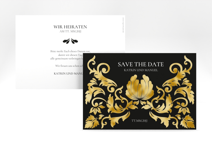 Save the Date-Karte Royal A6 Karte quer schwarz gold mit barockem Blumen-Ornament