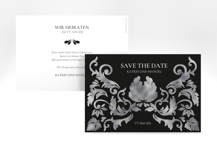 Save the Date-Karte Royal A6 Karte quer schwarz silber mit barockem Blumen-Ornament