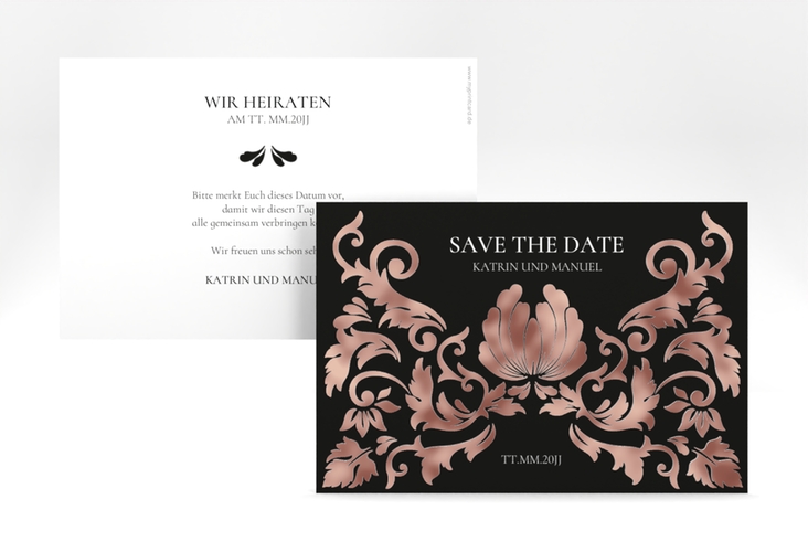 Save the Date-Karte Royal A6 Karte quer schwarz rosegold mit barockem Blumen-Ornament