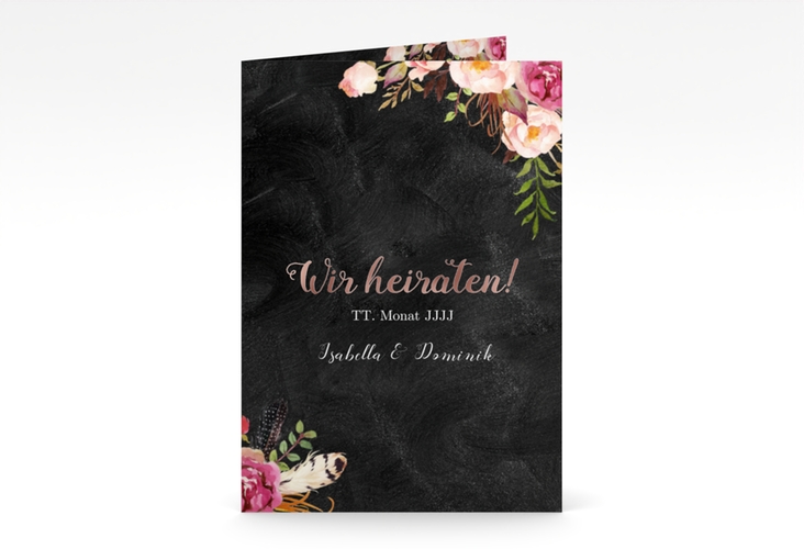 Einladungskarte Hochzeit Flowers A6 Klappkarte hoch schwarz rosegold mit bunten Aquarell-Blumen