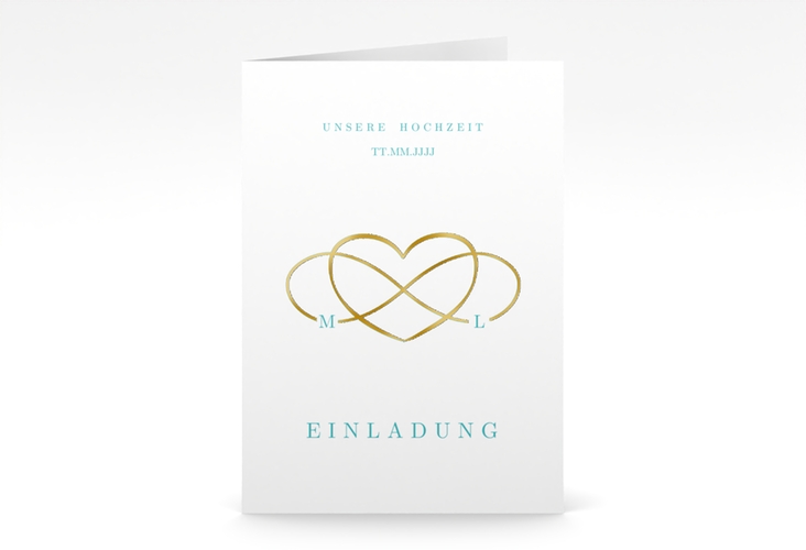 Einladungskarte Hochzeit Infinity A6 Klappkarte hoch tuerkis gold