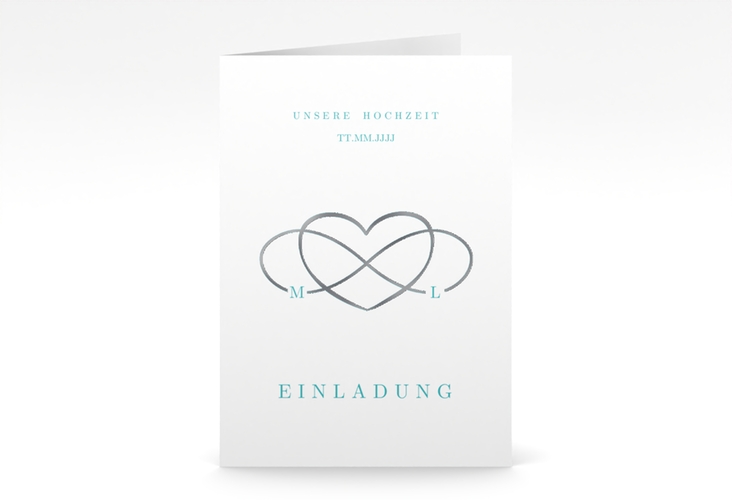 Einladungskarte Hochzeit Infinity A6 Klappkarte hoch tuerkis silber