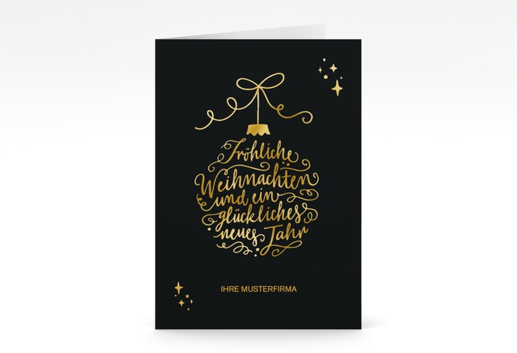 Business-Weihnachtskarte Lichterglanz A6 Klappkarte hoch schwarz gold für Firmen, mit Weihnachtskugel-Kalligrafie