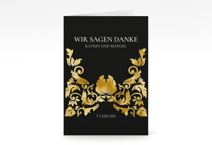 Danksagungskarte Hochzeit Royal A6 Klappkarte hoch schwarz gold mit barockem Blumen-Ornament