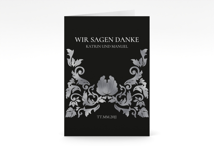 Danksagungskarte Hochzeit Royal A6 Klappkarte hoch schwarz silber mit barockem Blumen-Ornament