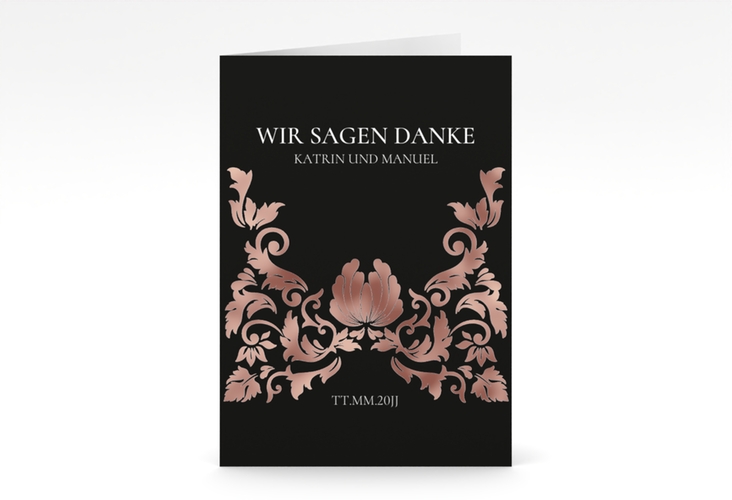 Danksagungskarte Hochzeit Royal A6 Klappkarte hoch schwarz rosegold mit barockem Blumen-Ornament