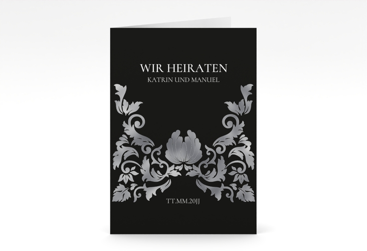 Einladungskarte Hochzeit Royal A6 Klappkarte hoch schwarz silber mit barockem Blumen-Ornament