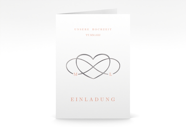 Einladungskarte Hochzeit Infinity A6 Klappkarte hoch apricot silber