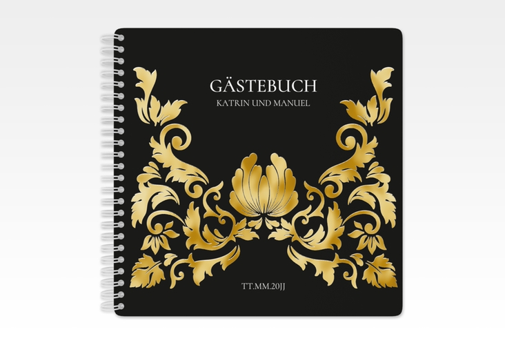 Gästebuch Hochzeit Royal Ringbindung schwarz gold mit barockem Blumen-Ornament