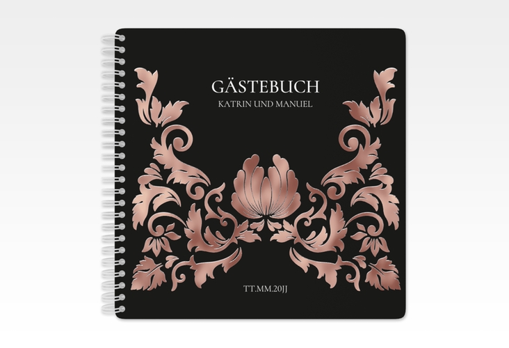 Gästebuch Hochzeit Royal Ringbindung schwarz rosegold mit barockem Blumen-Ornament