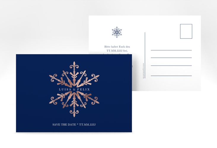 Save the Date-Postkarte Crystal A6 Postkarte blau rosegold mit Eiskristall