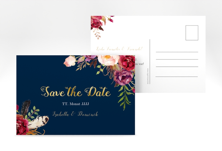 Save the Date-Postkarte Flowers A6 Postkarte blau gold mit bunten Aquarell-Blumen