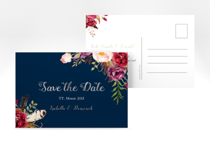 Save the Date-Postkarte Flowers A6 Postkarte blau silber mit bunten Aquarell-Blumen