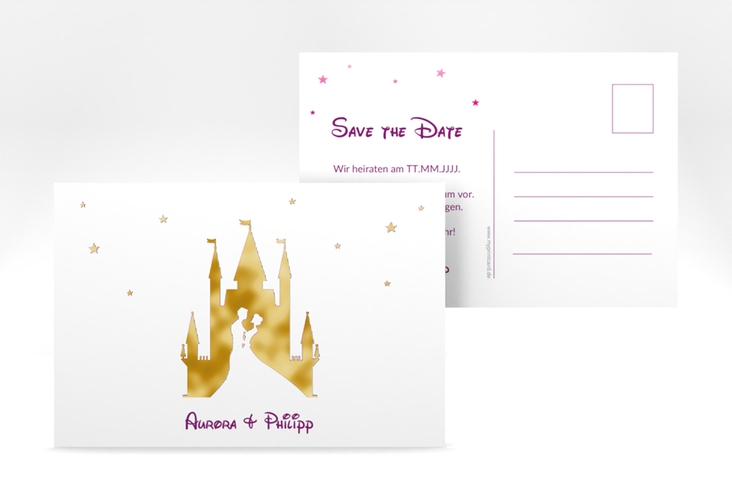 Save the Date-Postkarte Castle A6 Postkarte pink gold