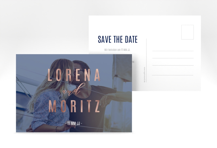 Save the Date-Postkarte Memory A6 Postkarte blau rosegold