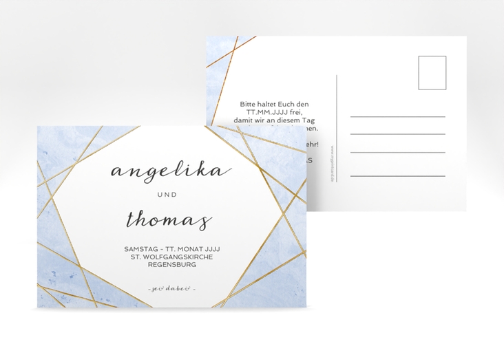 Save the Date-Postkarte Asymmetry A6 Postkarte blau gold