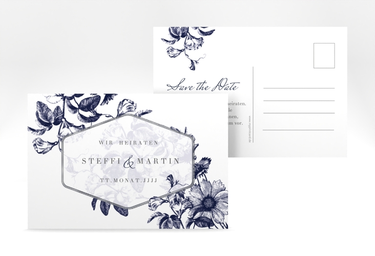 Save the Date-Postkarte Magnificent A6 Postkarte blau silber