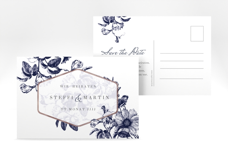 Save the Date-Postkarte Magnificent A6 Postkarte blau rosegold