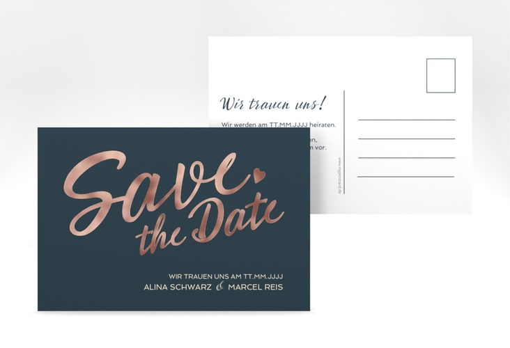 Save the Date-Postkarte Glam A6 Postkarte blau rosegold