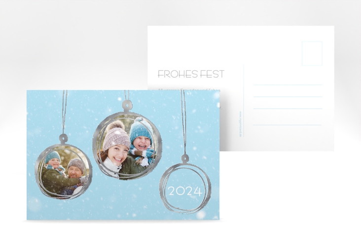 Weihnachtskarte Weihnachtskugel A6 Postkarte blau silber