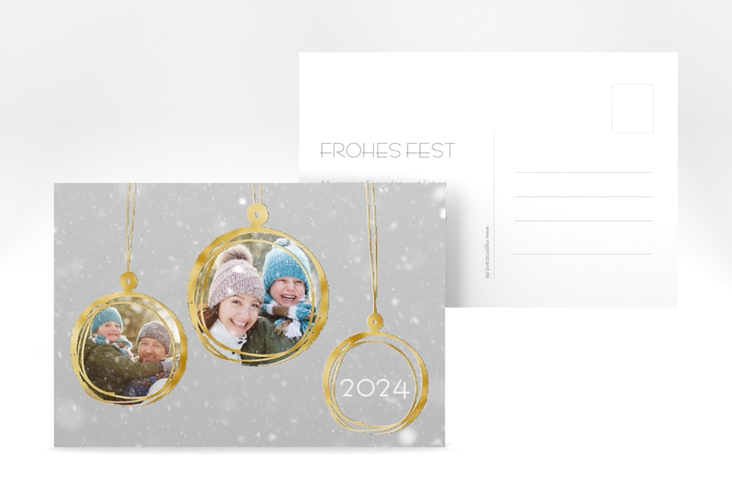 Weihnachtskarte Weihnachtskugel A6 Postkarte grau gold