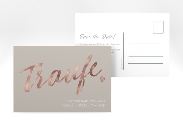 Save the Date-Postkarte Traufe A6 Postkarte grau rosegold