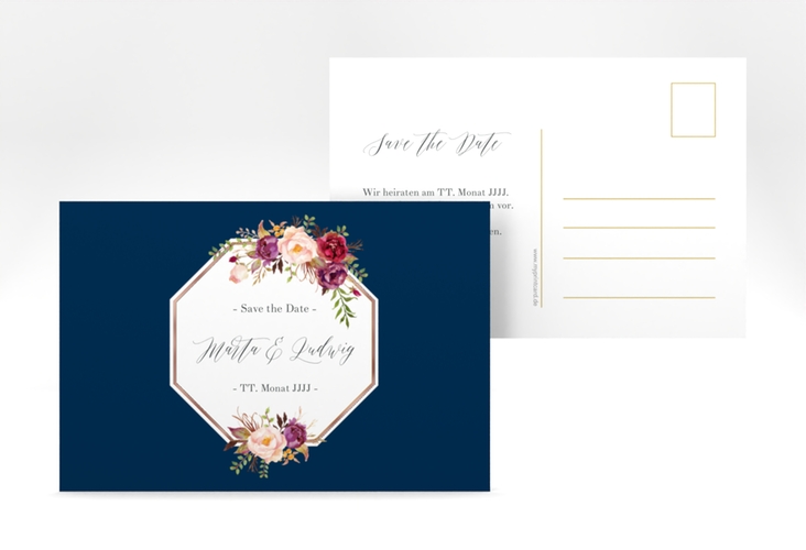 Save the Date-Postkarte Prachtvoll A6 Postkarte blau rosegold