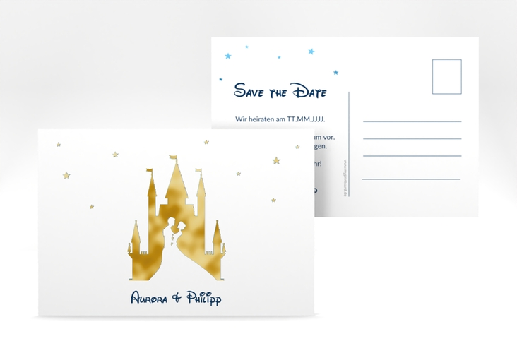 Save the Date-Postkarte Castle A6 Postkarte blau gold