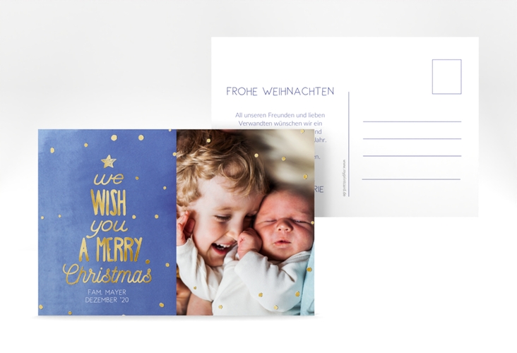 Weihnachtskarte Schneeglitzern A6 Postkarte blau gold mit Aquarellfarbe und Kinderfoto