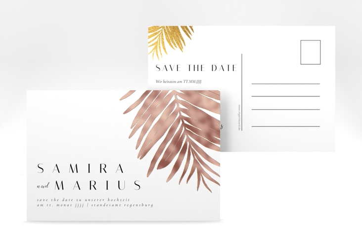 Save the Date-Postkarte Palmenblatt A6 Postkarte gold rosegold mit Palmenwedel