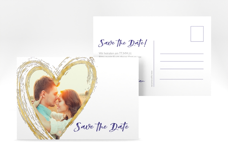 Save the Date-Postkarte Liebe A6 Postkarte blau gold