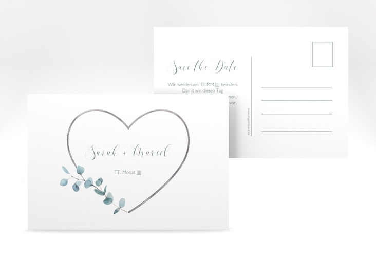 Save the Date-Postkarte Greenheart A6 Postkarte rosa silber mit elegantem Herz und Eukalyptus-Zweig