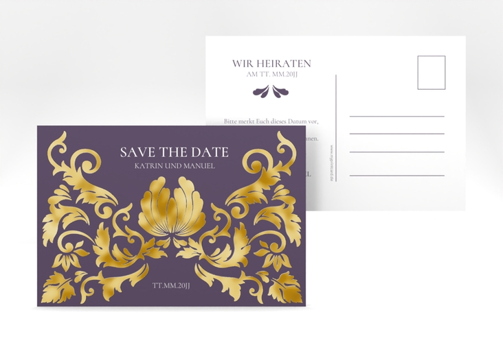 Save the Date-Postkarte Royal A6 Postkarte lila gold mit barockem Blumen-Ornament