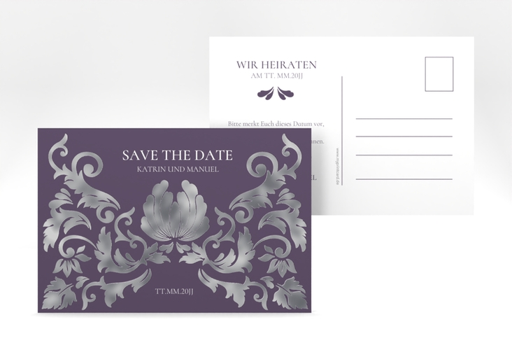 Save the Date-Postkarte Royal A6 Postkarte lila silber mit barockem Blumen-Ornament