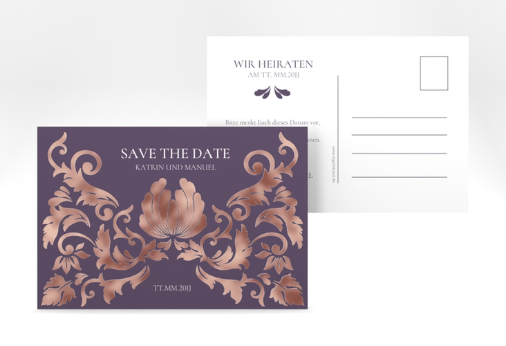 Save the Date-Postkarte Royal A6 Postkarte lila rosegold mit barockem Blumen-Ornament